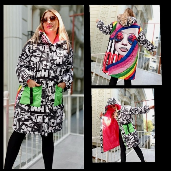 New NWT Winter zippered jacket with hood and embellished woman face size L - Picture 1 of 15